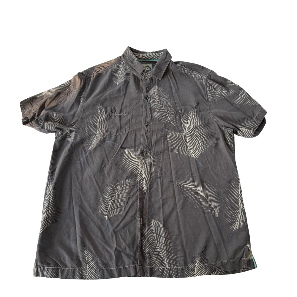 Tommy Bahama Men's L Silk Island Modern Fit Gray Palm Leaf Feather Camp Shirt